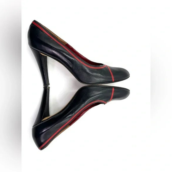Vintage YSL Yves Saint Laurent Paris Shoes Black High Heel Pumps Red Trim 10 - Picture 8 of 11